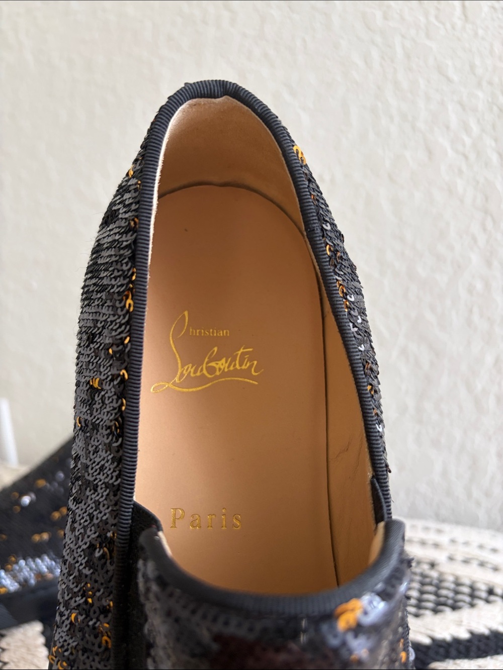 Christian Louboutin Black and Gold Sequin Slip-On Shoes - Picture 4 of 9